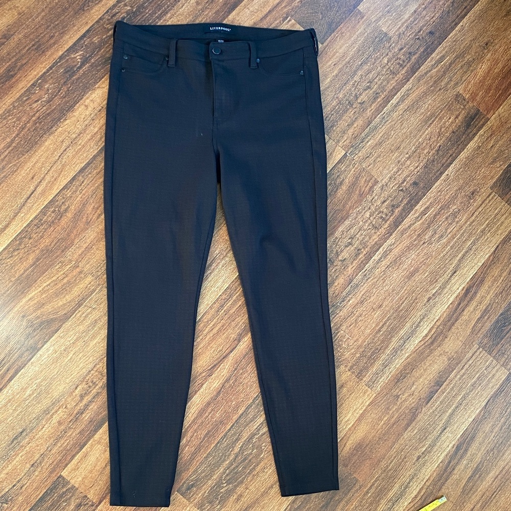 Liverpool women’s skinny brown/black ponte pants with front zip, button Sz 12